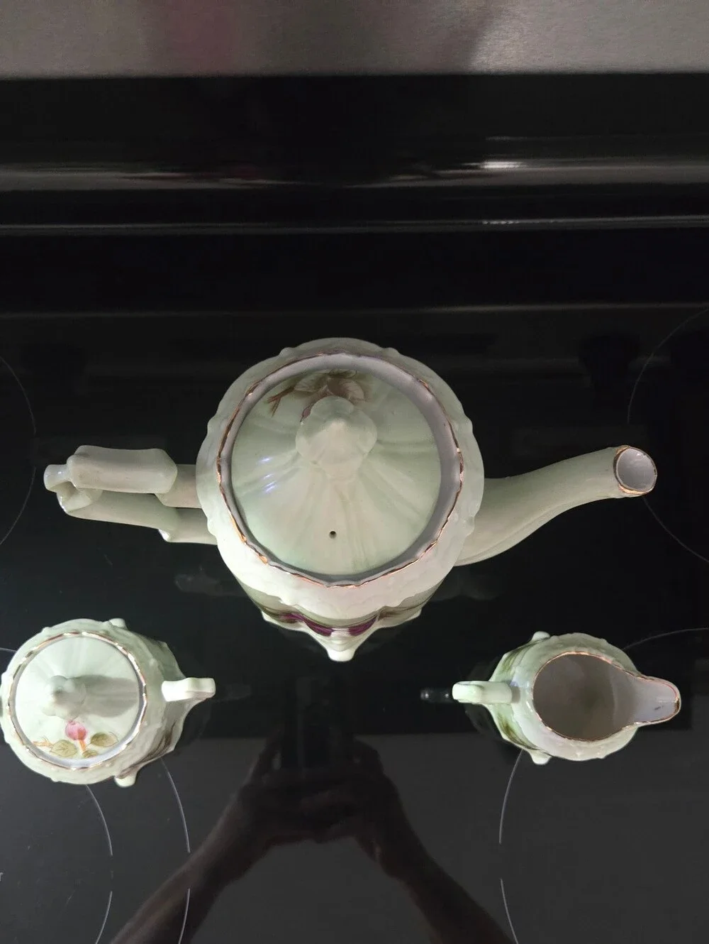Vintage Lefton Green Heritage Porcelain Tea Set with Handpainted Pink Roses